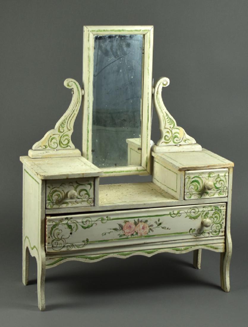 Small Dolls Antique Dressing Table: With tilt mirror. White painted with green accent. Drawers filled with miniature accessories. (One drawer knob missing).