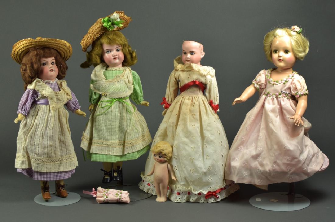 Box Lot of Five Bisque and Hard Plastic Dolls: Two are 390 on ball jointed bodies. 15" T, Floradora shoulderhead. 1 carnival bisque, 1 Ideal 15" Toni type hard plastic. All good condition.