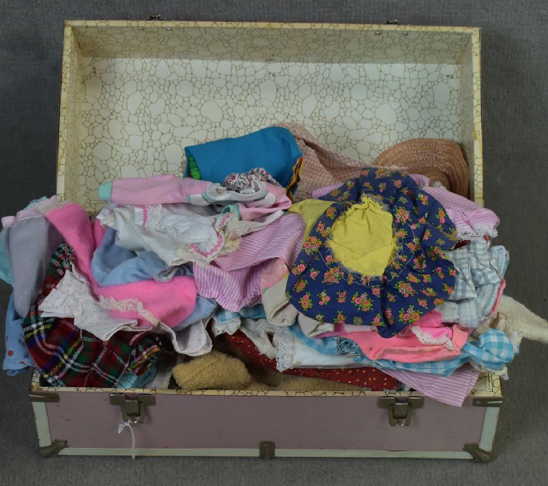 Box Lot Trunk: With approx. 50 small doll dresses and accessories. Metal trunk/case from the 1950's. Some antique and other vintage.