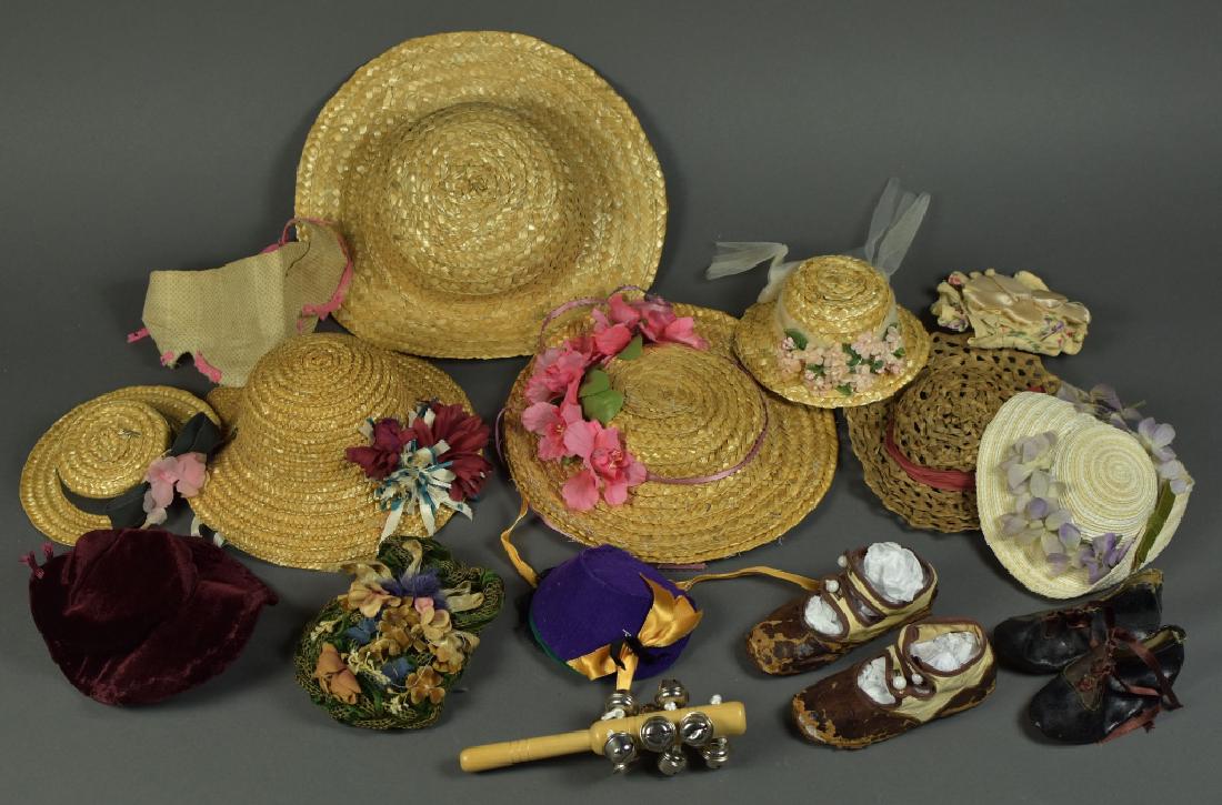 Box Lot of Doll Hats and Shoes: Vintage and antique. Shoes are antique.