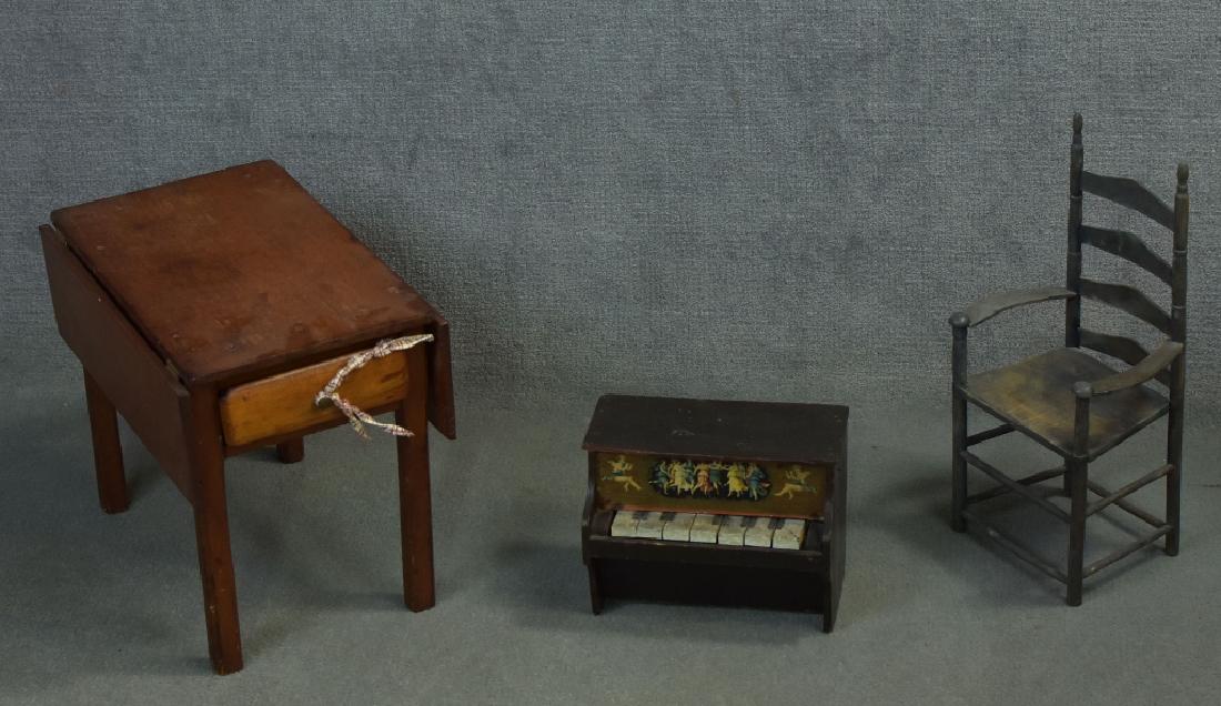 Small Doll Size Handmade Drop Leaf Table: With drawer, also small Schoenhut piano and doll chair (new).