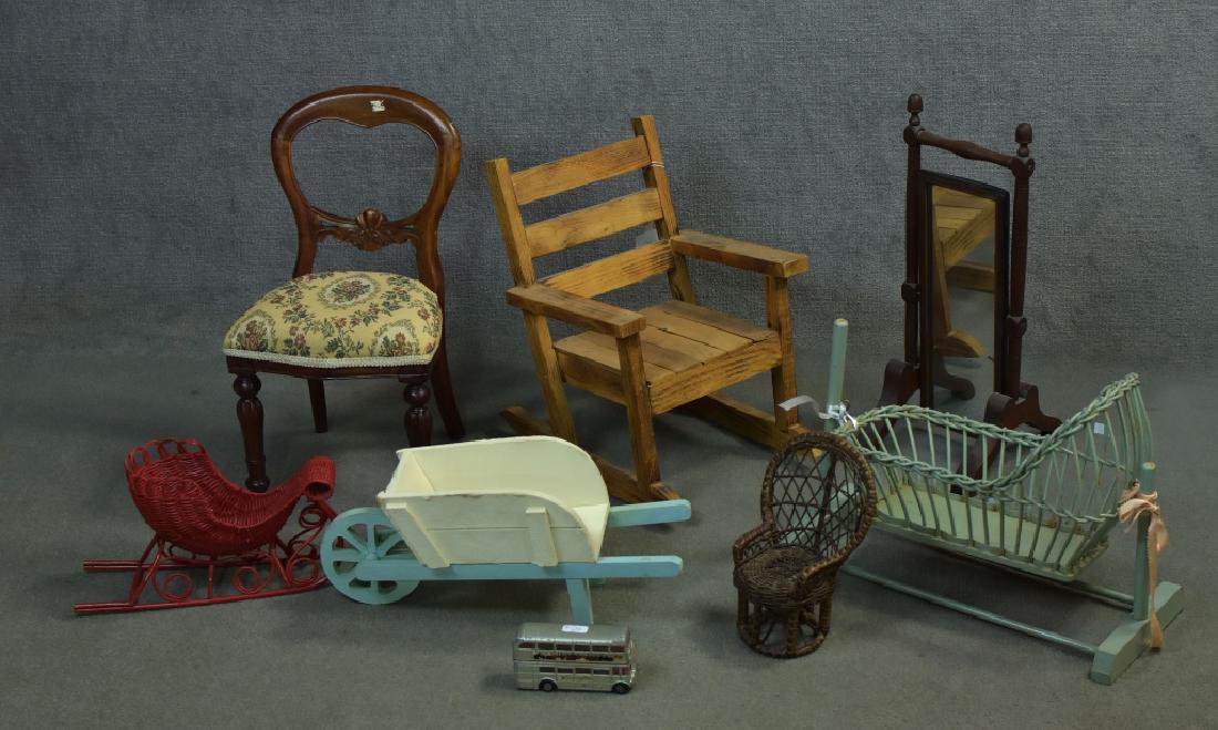 Bin of Seven Play Size Furniture Pieces: Includes mirror, wicker cradle, rocker, two chairs, wheelbarrow, and basket.