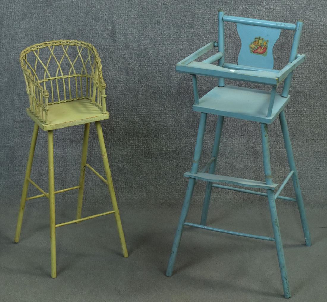 Two Doll High Chairs: One wicker, one wood.