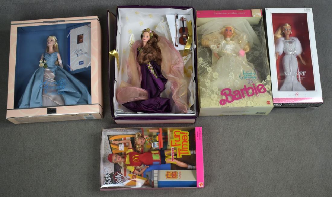 Five Boxed Mattel Barbies: Includes Grand Entrance, Heartstrong Angel, McDonald's Funtime, Wedding Fantasy and Cancer.