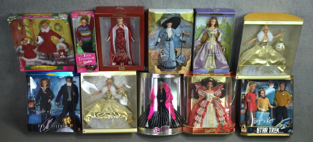 Eleven Barbies: Star Trek, Holiday Sisters, X-Files, Tree Trimming and more.