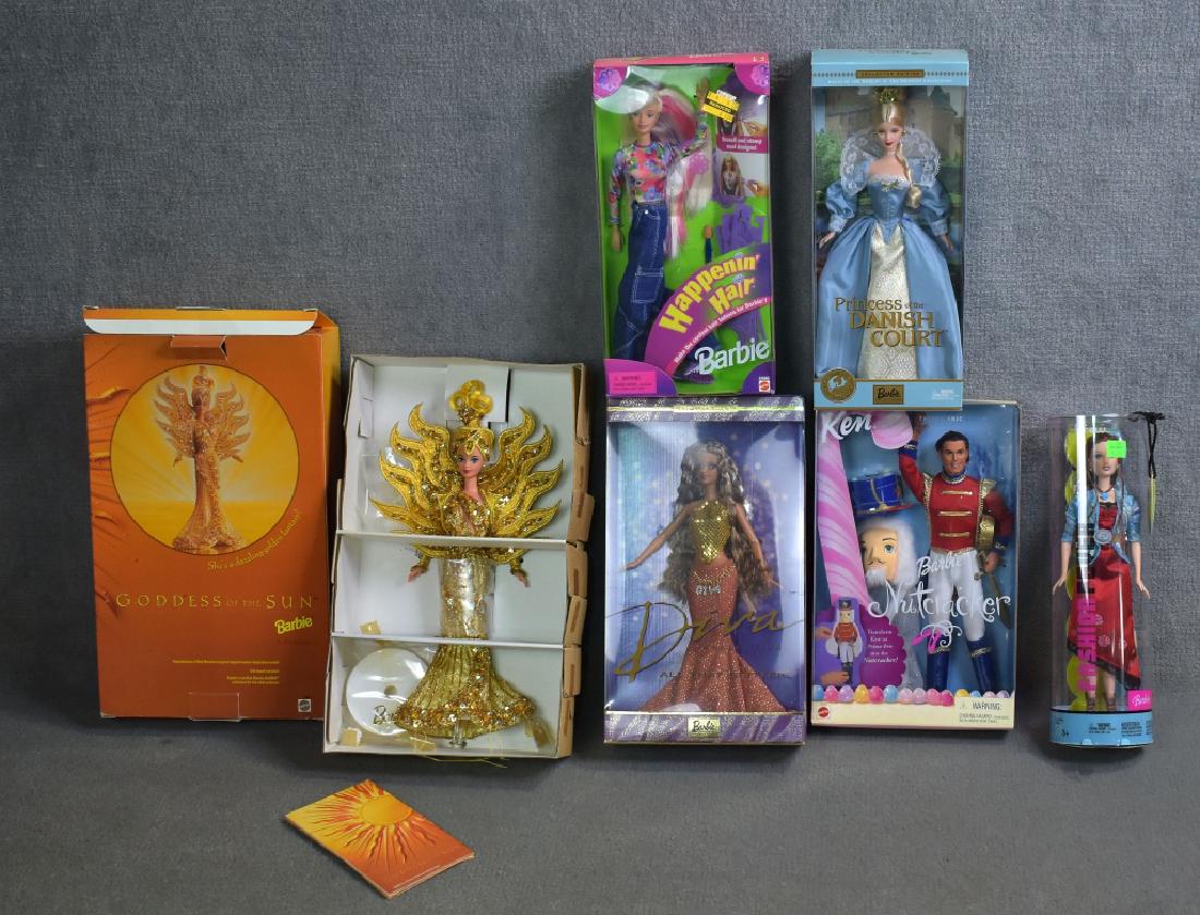 Six Barbies: Bob Mackey Goddess of the Sun, Diva, Ken in Nutcracker, Fashion Fever, Happenin Hair, Princess Danish Court.