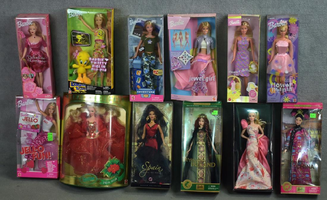Twelve Barbies: Iceland, Adventure Jewel Girl, Valentine, China, Flower Mania, Easter, Spain, Jello, Tweetie, Holiday and Rose Splendor.