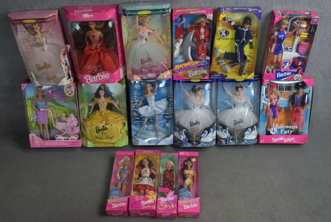 Sixteen Barbies: Halloween Party Barbie & Ken, Walking Barbie and Baby Sister Krissy, Nutcracker Snowflake, Beauty, Swan Lake, WNBA, Baywatch and more.