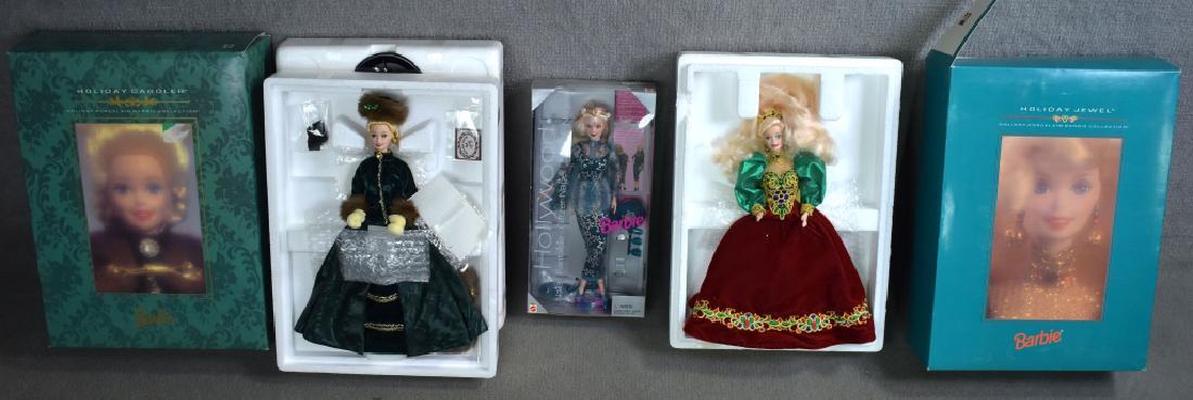 Four Barbies Including Porcelain: Two porcelain Holiday Jewel and Holiday, Carolee, and Hollywood.