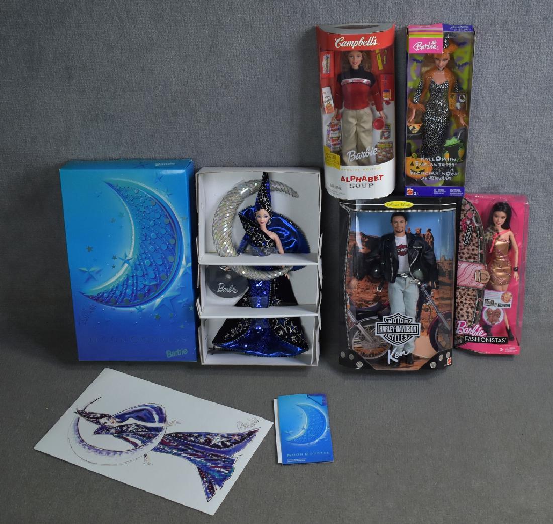 Variety of Barbies: Harley Ken, Moon Goddess, Fashionistas, Campbell's Soup and Halloween Enchantress.