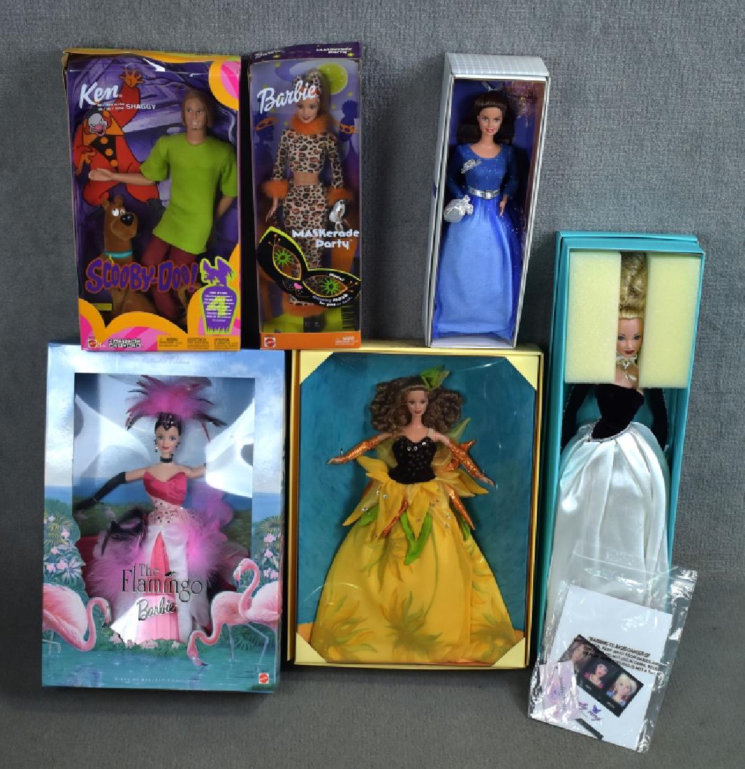 Six Barbies and Others: Stephanie by Sandra Bilotto ( MIB ), Barbie Little Debbie, Ken as Shaggy from Scooby Doo, Van Gogh Sunflower and the Flamingo.