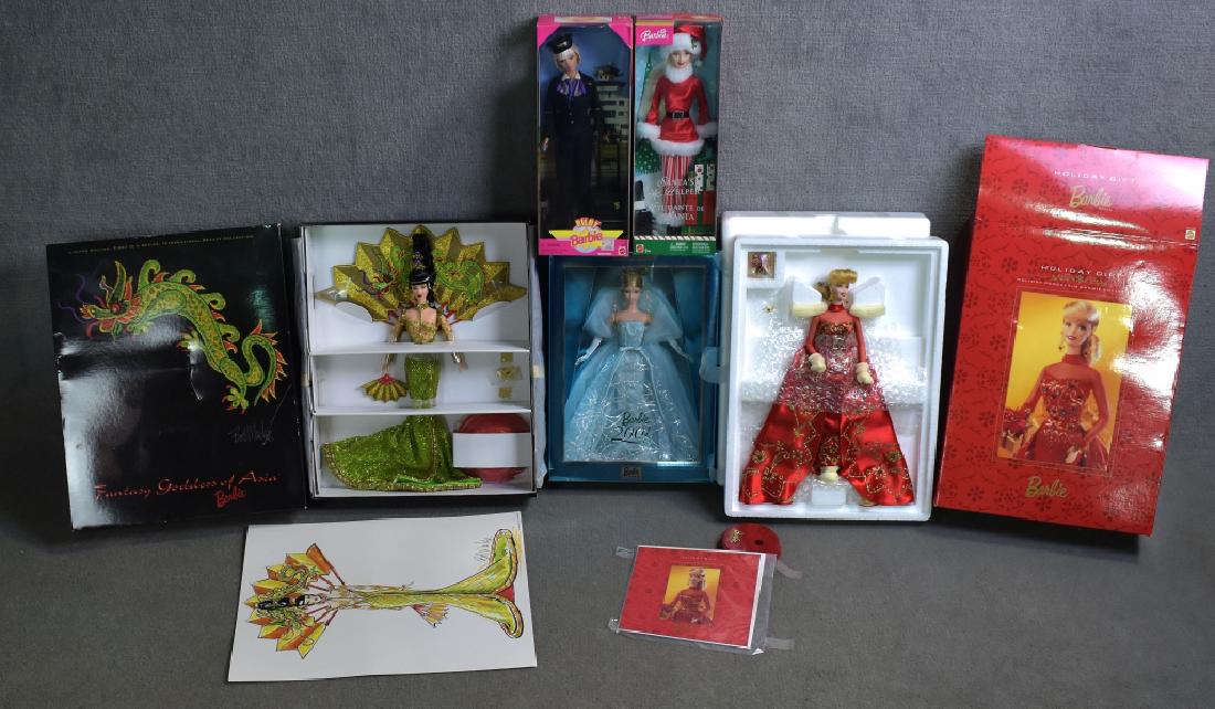 Five Barbies Including Bob Mackie: Includes Bob Mackie Fantasy Goddess of Asia, MIB porcelain Holiday Gift, Pilot, Santa's Helper, 2001.