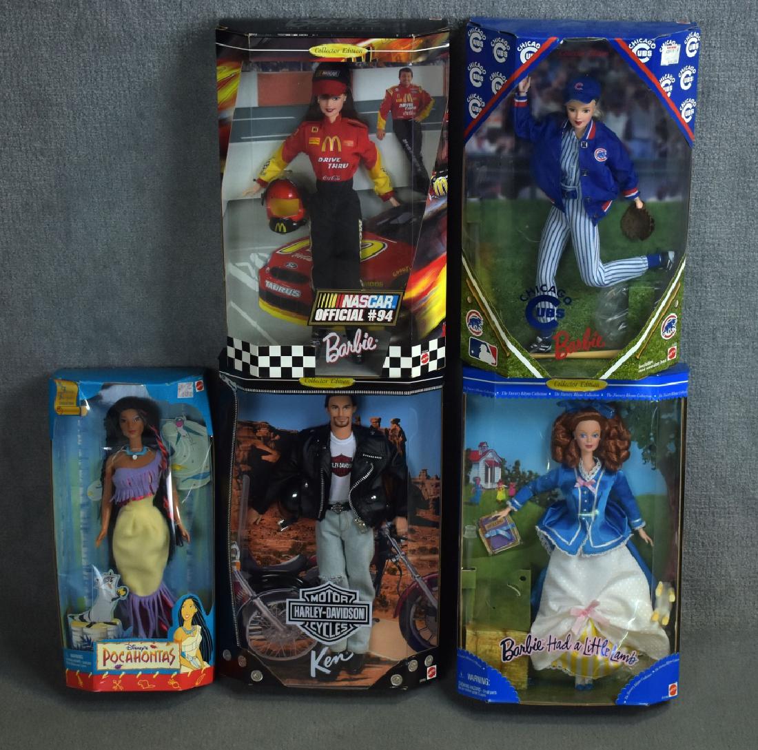 Five Barbies: Nascar, Harley Ken, Pocahontas, Barbie Had a Little Lamb and Chicago Cubs.