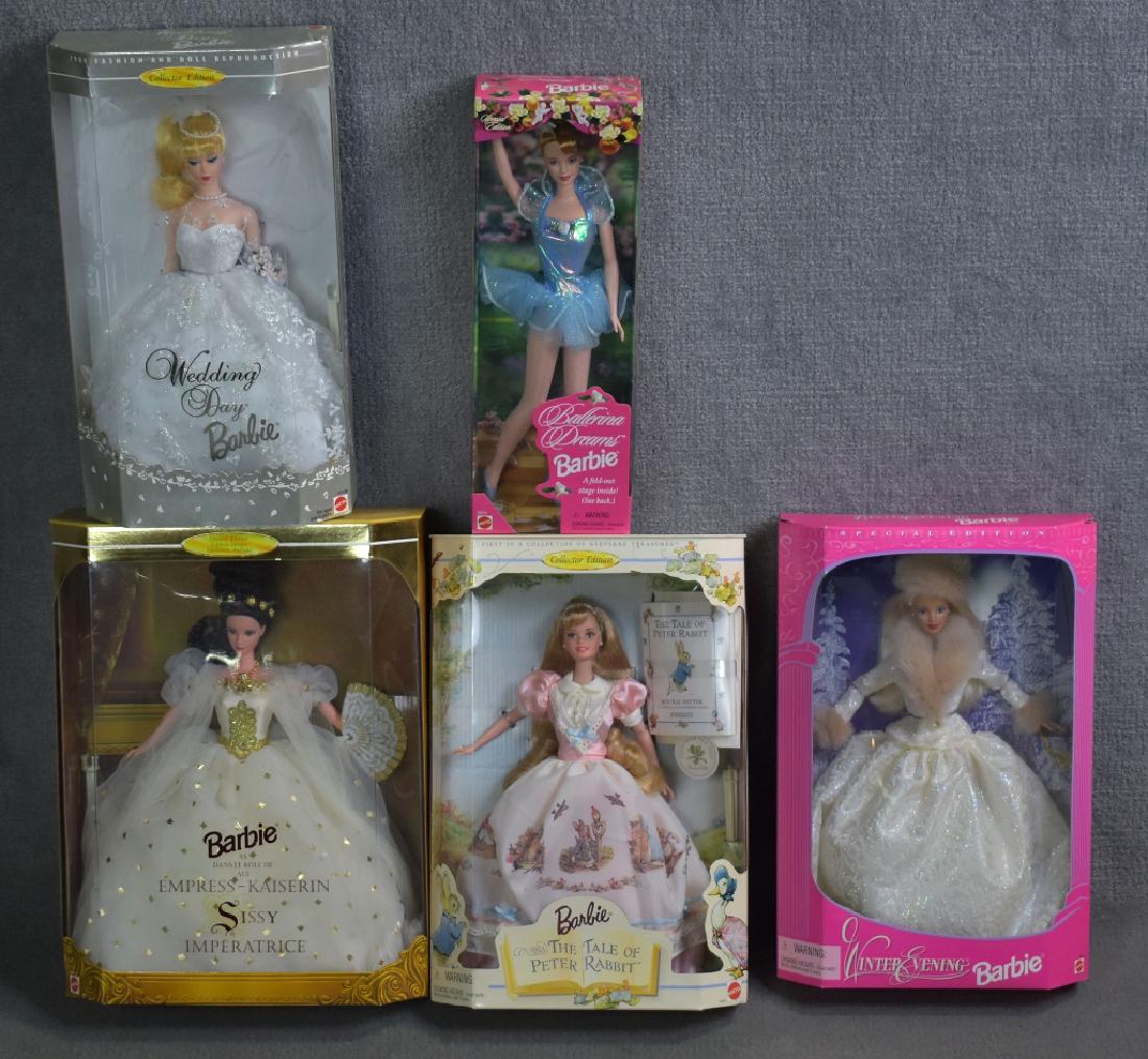 Five Barbies: Peter Rabbit, Empress, Wedding Day and more.