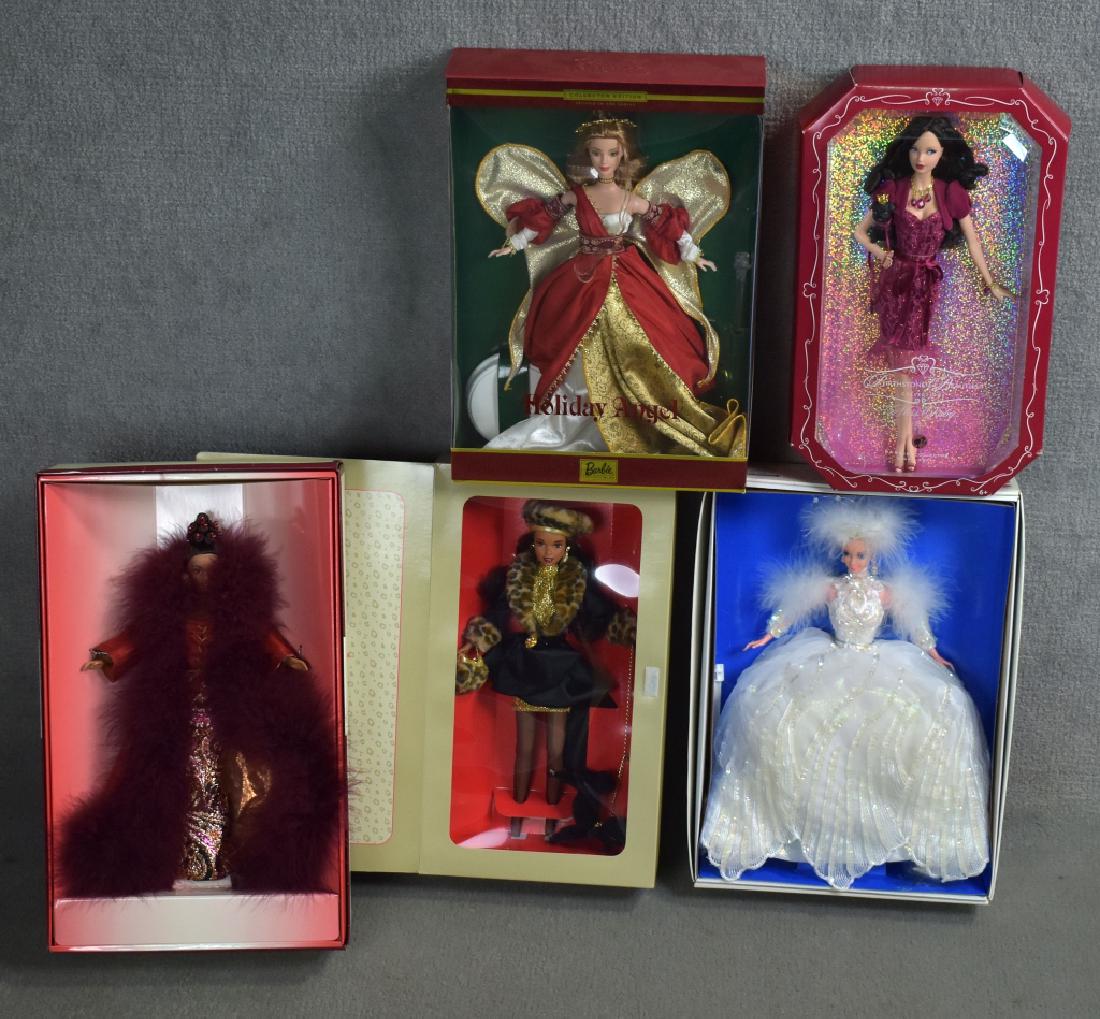 Five Barbies: Cinnabar Sensation, Shopping Chic, Holiday Angel, Birthstone, Snow Princess.