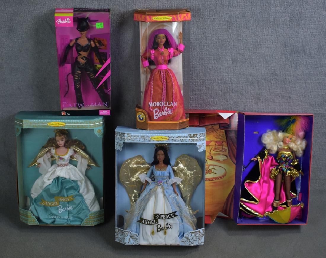 Five Barbies: Angel of Peace, Angel of Joy, Moroccan, Cat Woman and FAO Schwartz Circus Star.