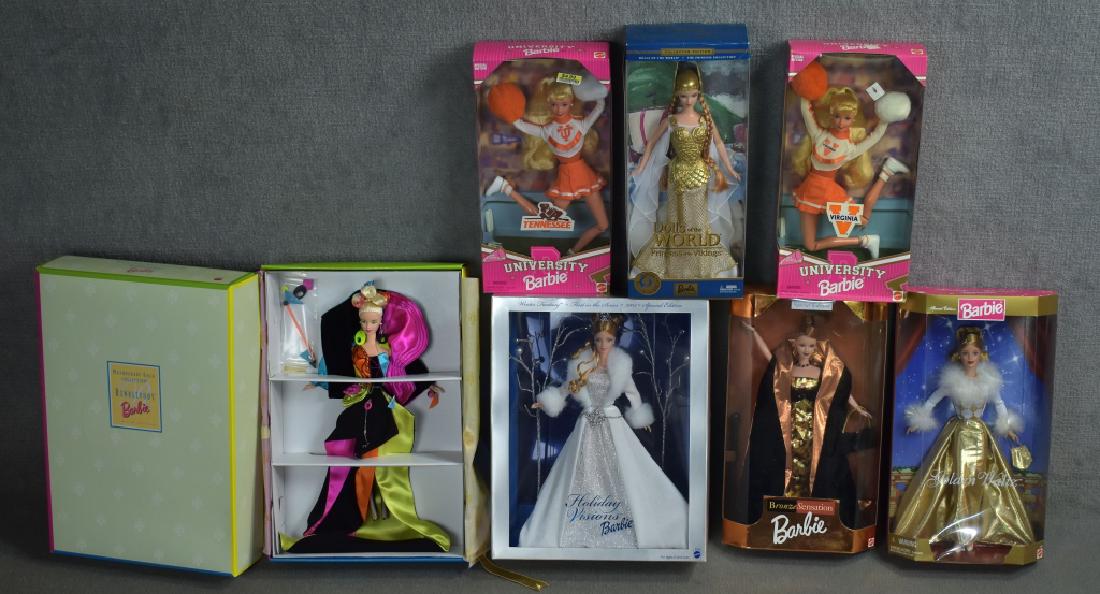 Seven Barbies: Rendevous, UVA, Bronze Sensation, Holiday Visions, Princess of the Vikings, and more.