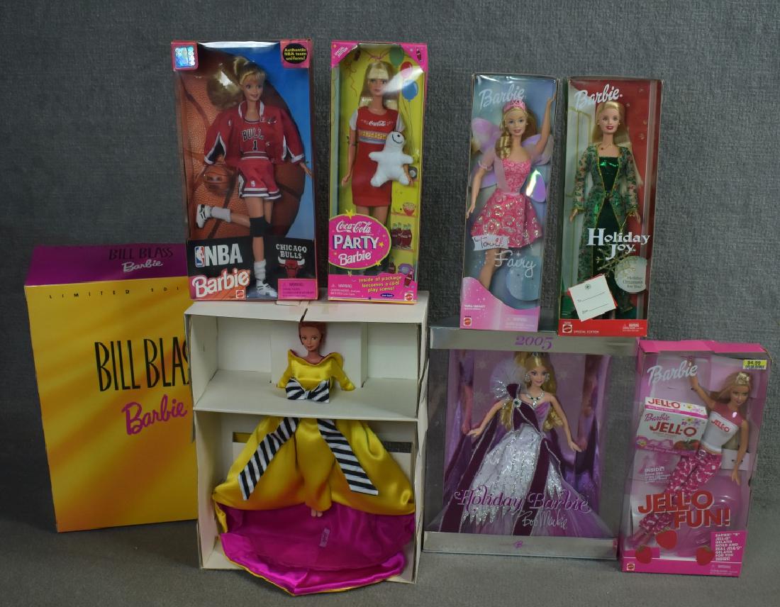 Seven Barbies: Bill Blass Limited, Bob Mackey, Holiday Barbie, Jello, NBA and more.