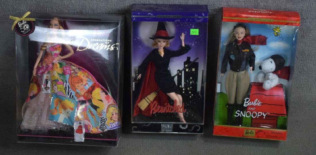 Variety of Barbies: Bewitched, 50th Anniversary, Generations of Dreams, Barbie with Snoopy.