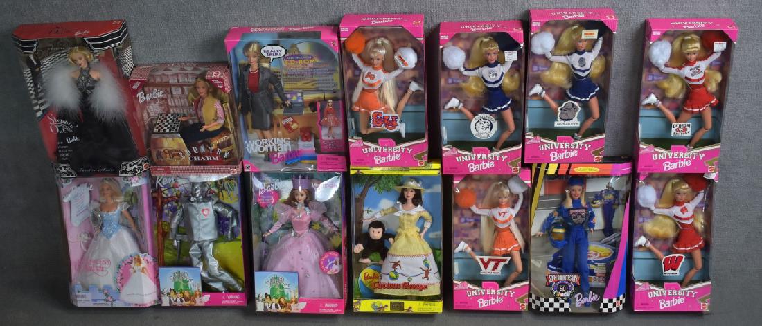 Fourteen Barbies: Includes Virginia Tech, Curious George, Cracker Barrel Country Charm, Tin Man, Glenda from The Wizard of Oz , and more.