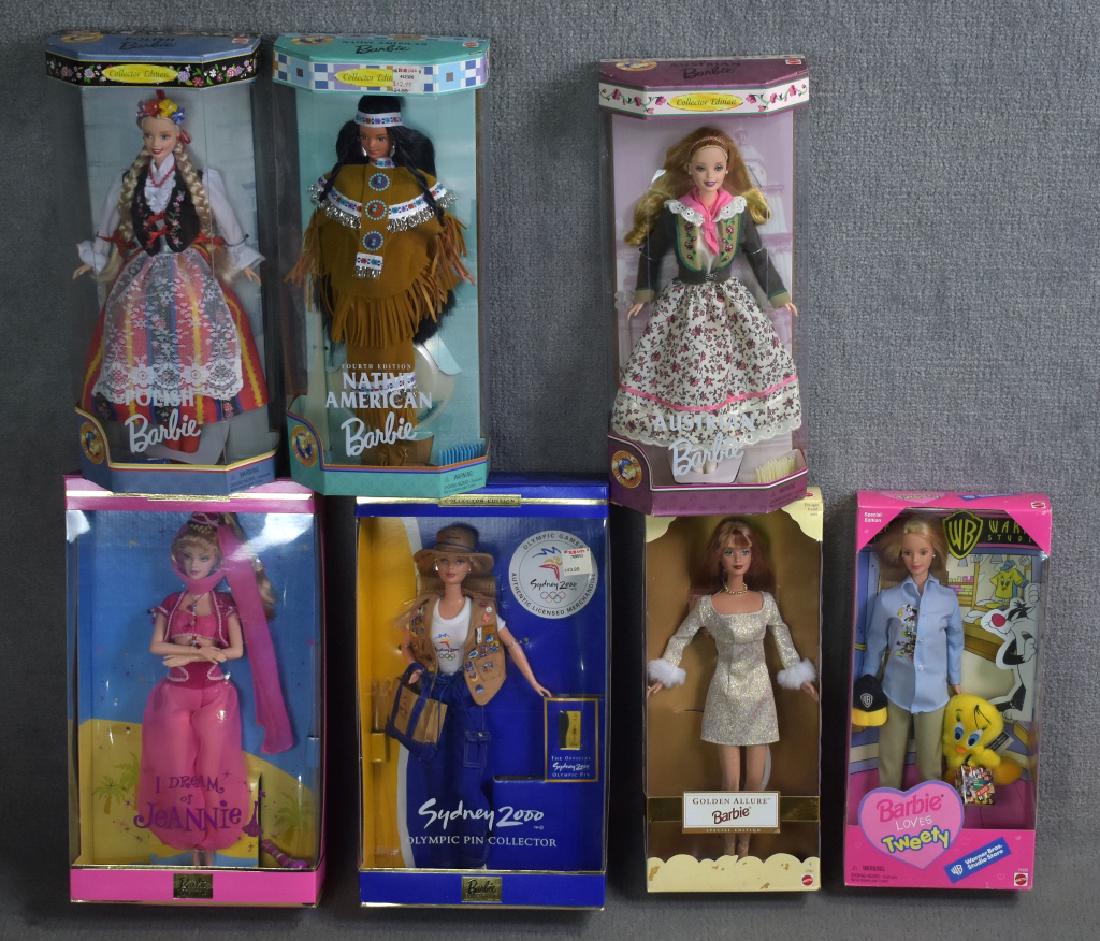 Seven Barbies: Including I Dream of Jeannie, Warner Bros with Tweety Bird, Native American, Polish, and more.