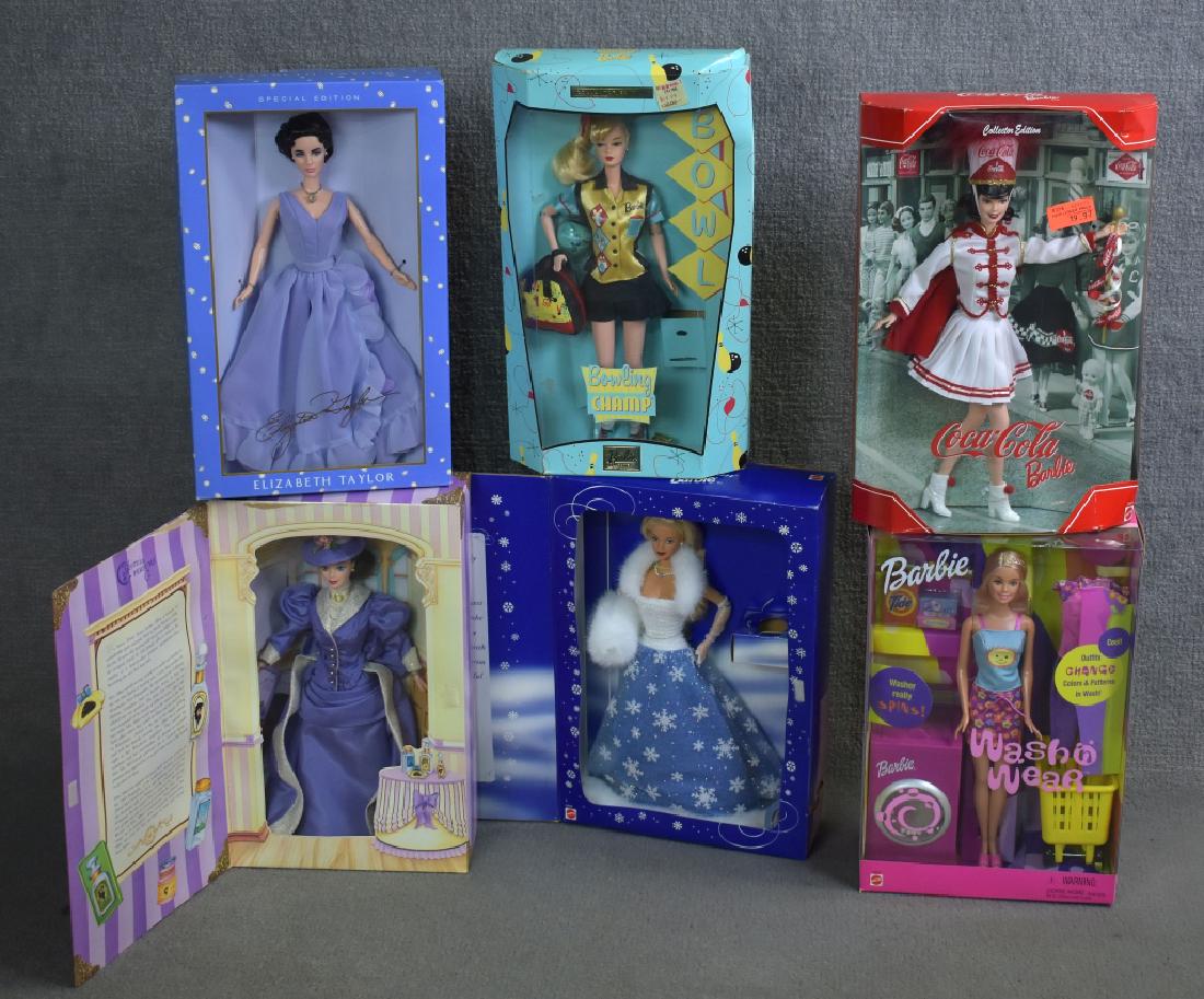 Six Barbies: Includes Elizabeth Taylor, Bowling Champ, Coca Cola, Wash 'n Wear, and more.
