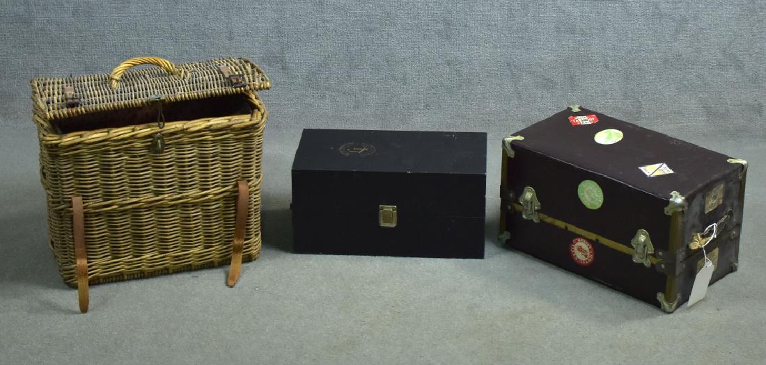 Two Doll Clothing Trunks: Along with a vintage wicker picnic basket.