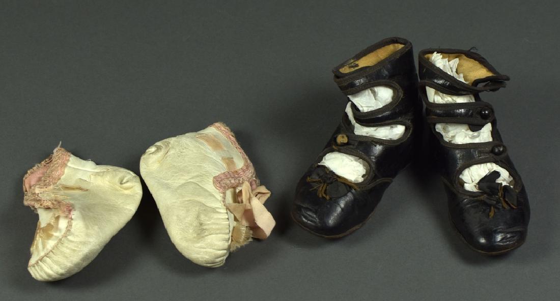 Antique Child's Leather Shoes: Suitable for a doll, 5 1/2"L at sole. Kid leather white and pink child's shoes also suitable for a doll, 4 1/2" long at sole.