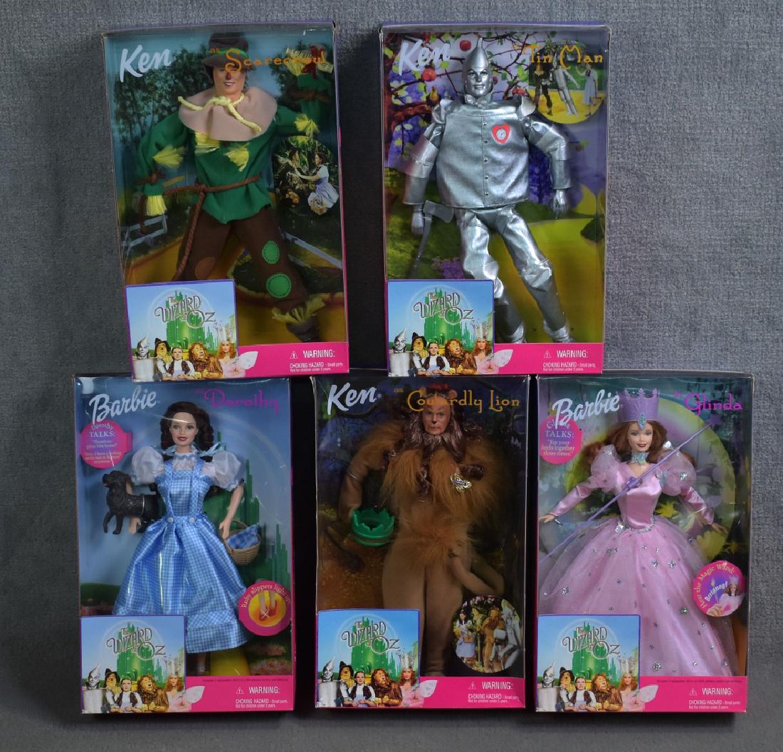 Wizard of Oz Barbies: Glenda, Dorothy, Tin Man, Scarecrow, and Cowardly Lion. MIB.