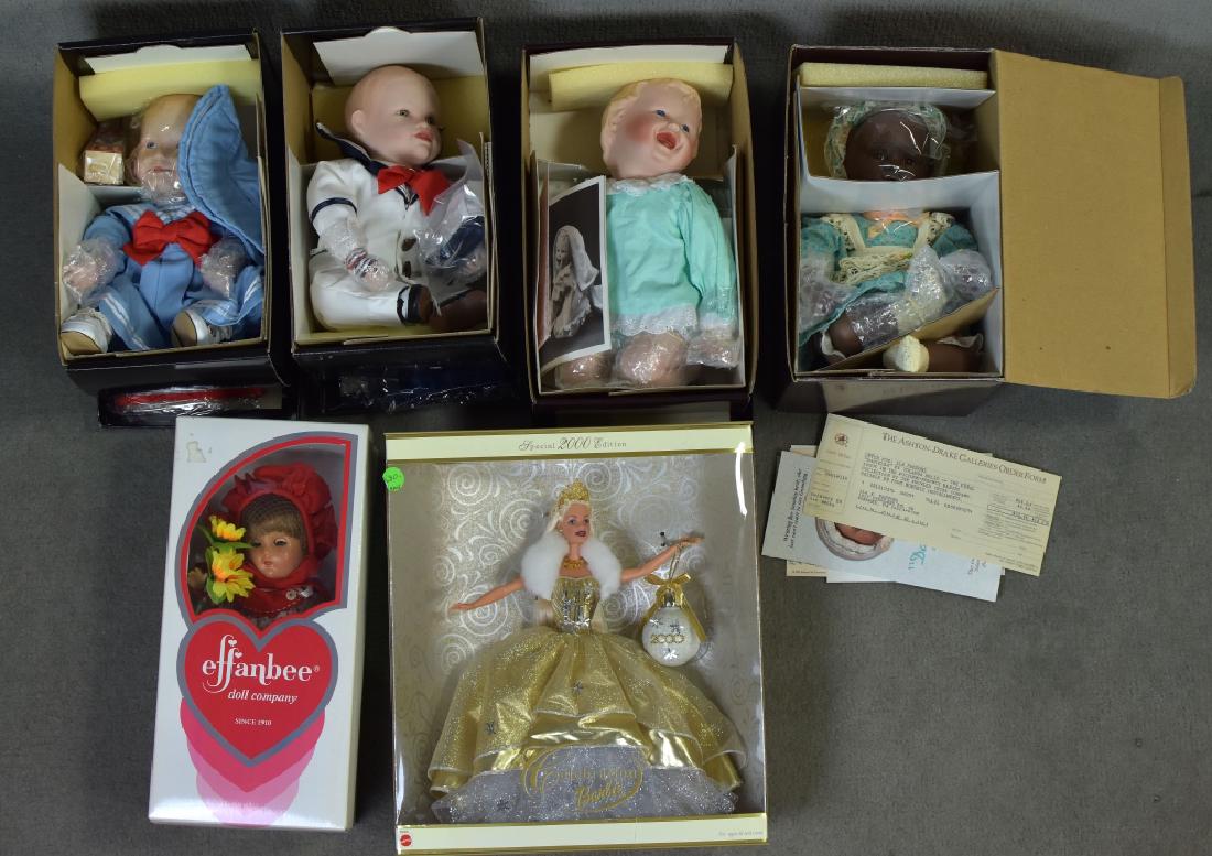 Variety of Dolls: Four Ashton Drake dolls in boxes, Jessica, Danielle, Mattie, Amanda. Effanbee Patriciakin Ladybug in box, Celebration Barbie.
