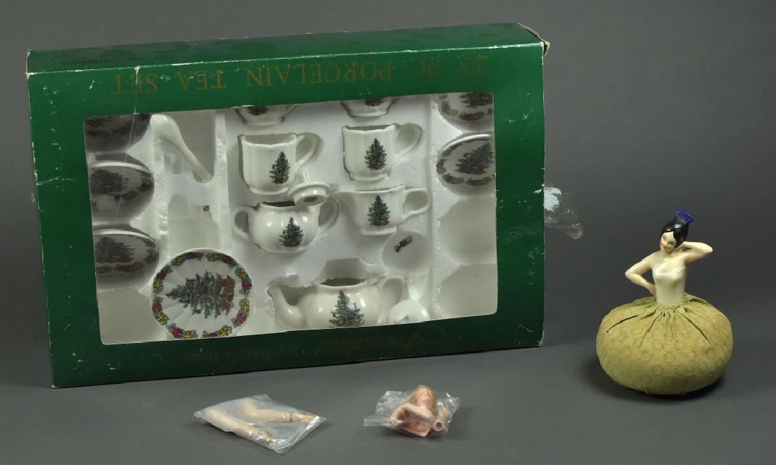 Japanese Doll Tea Set in Box: Along with an antique German 1/2 doll pin cushion and bisque doll parts to assemble.