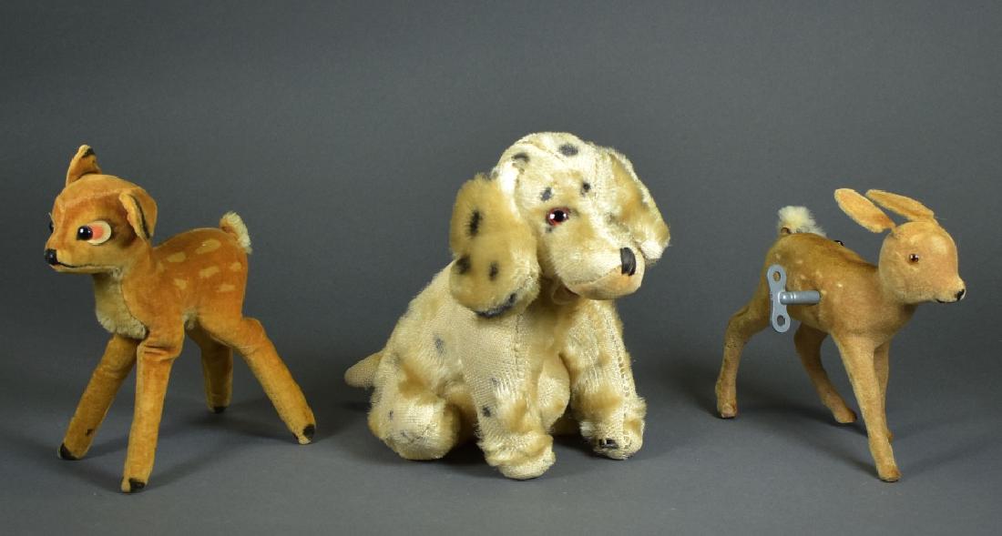 Toys Including Steiff: Steiff Bambi- no tags or button. Steiff Mohair spotted dog with missing fur, no tags. Working wind up deer.
