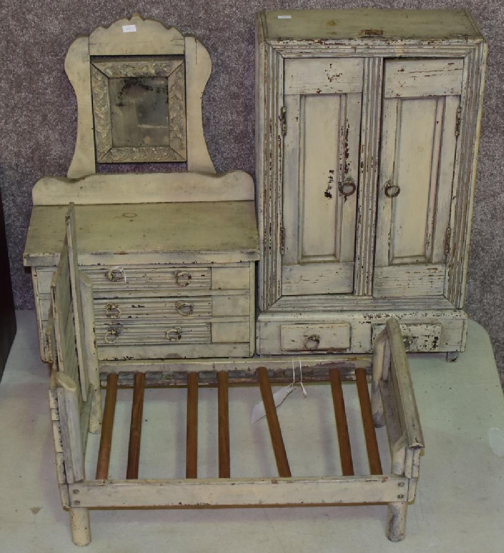 Three Piece Set of ca. 1910 Painted Doll Furniture: Dresser with mirror, bed and armoire. No repaint. Play size. Armoire is 22"H.