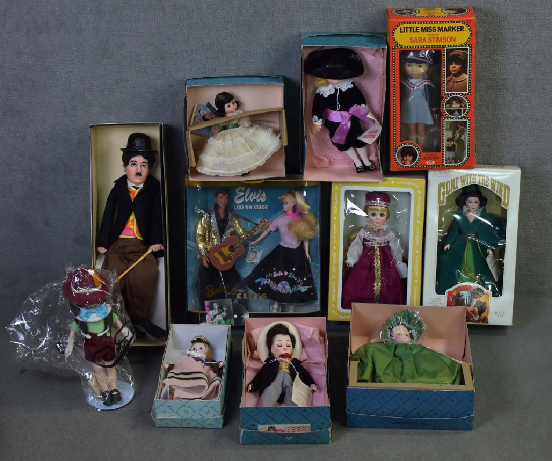 Box Lot of Dolls: Two Madame Alexander "Scarlett", Madame Alexander Rhett, Lord Fauntleroy, Little Shaver in boxes. Little Miss Marker by Ideal in box. Gone with the Wind World Doll Scarlett. Effanbee Rapunzel. Effanbe
