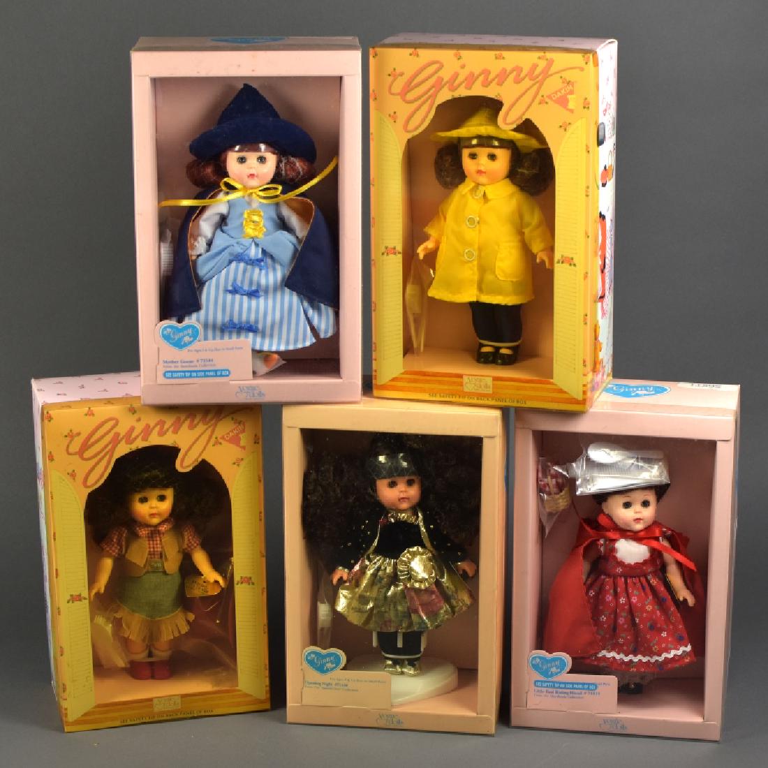 Five Vintage Vogue Ginny Dolls: In original boxes. Red Riding Hood, Mother Goose, Wild West, Pacific Southwest and Opening Night.