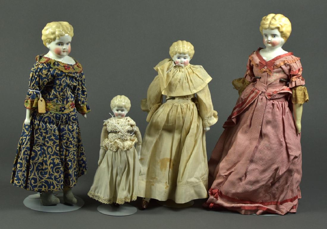 Four Antique Blond German China Head Dolls: 15" in red check antique dress. Hairline on shoulderplate. Kidskin body with replaced arms. 14" with center part and exposed ears, dressed in pretty blue and white vintage dress, repaired shoulderplat