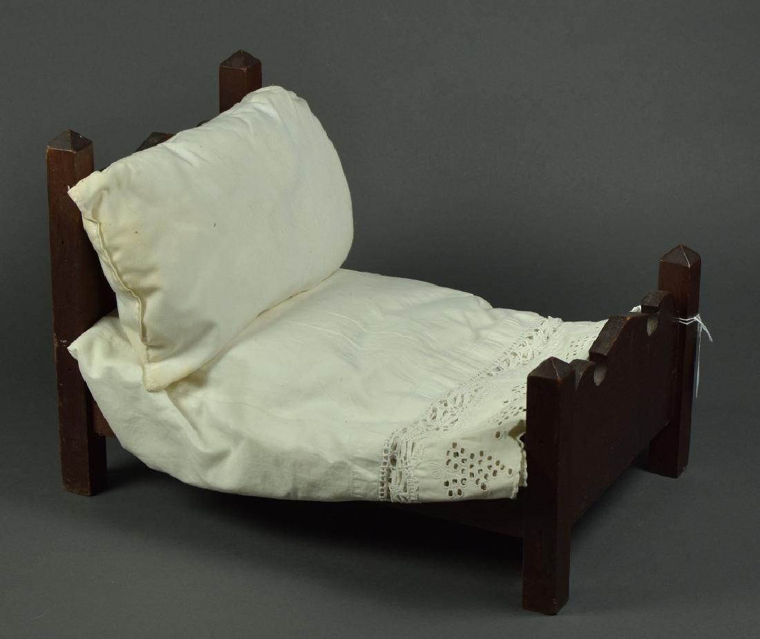 1920's Wooden Doll Bed: With mattress, nice detail and construction.