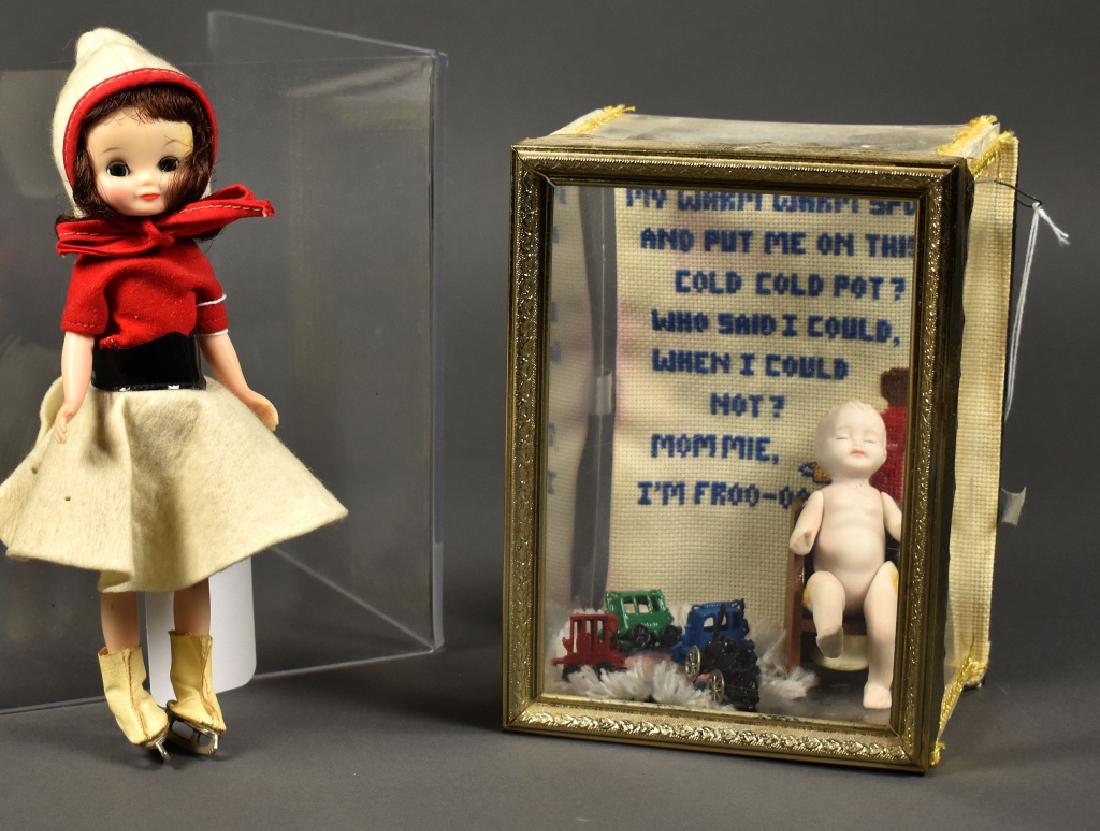 Sonja Henie in Hard Plastic: With sleep eyes and original clothing and skates. Excellent condition. 8" H. Also includes a small 4" jointed Japanese all-bisque on potty chair in display case with toy metal train.