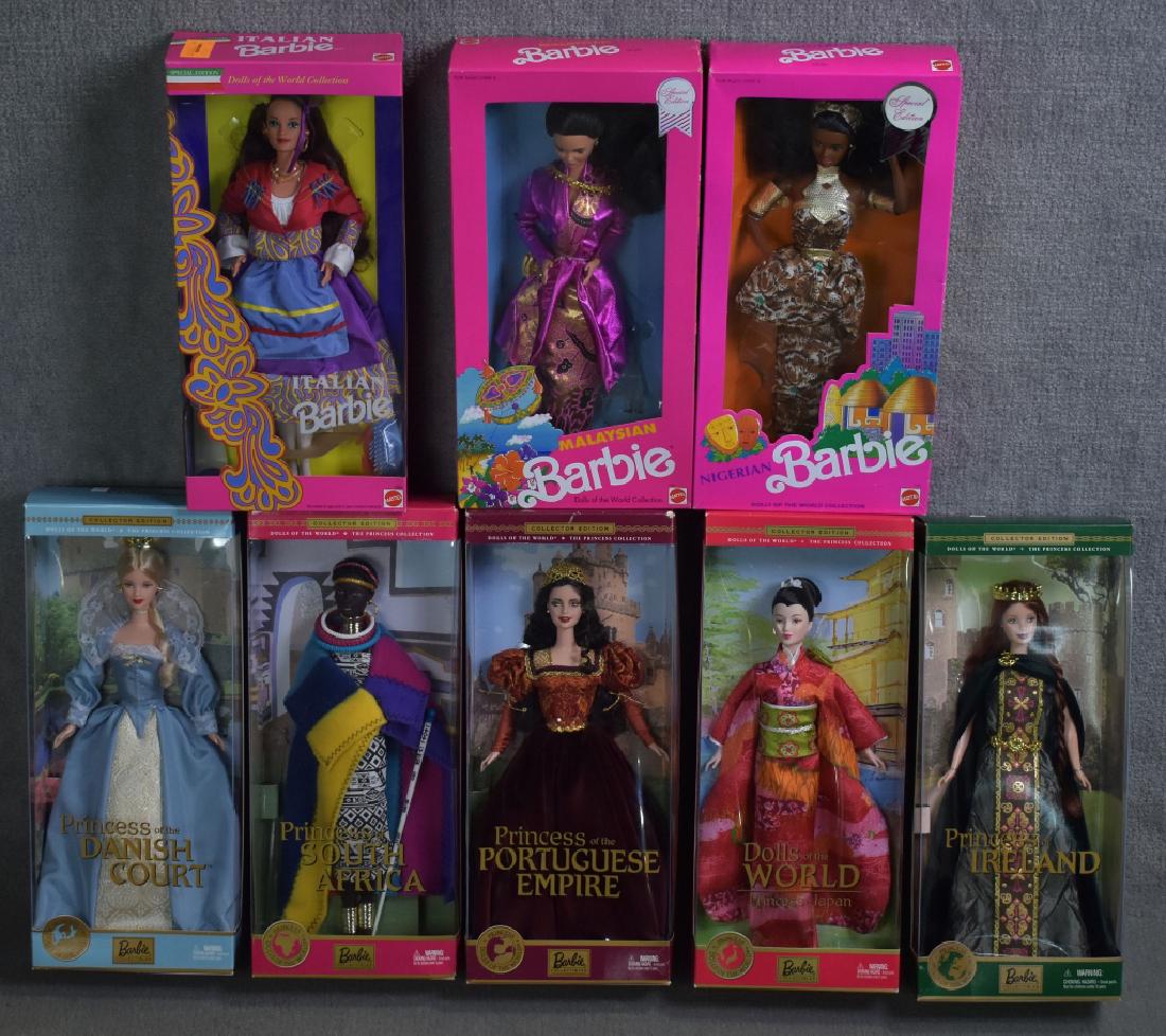 Eight Barbies-Dolls of the World and More: Includes five Dolls of the World Princess Series along with older versions of Barbie Nigeria, Malaysia, and Italian. Good condition