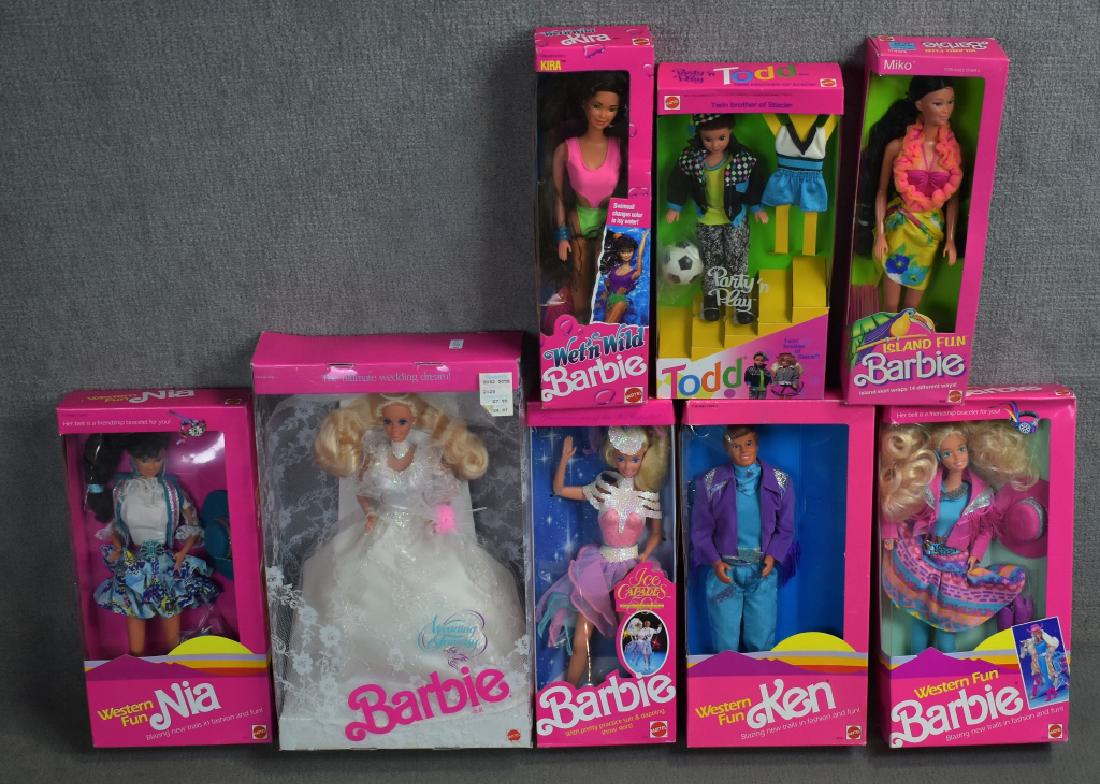 Eight Early 1990's Barbies - Western Fun and More: Including Nia, Ken, Kira, and more. Overall good condition with some wear to boxes.