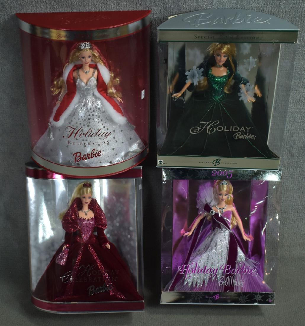 Four Modern Holiday Barbies: Includes 2001 Holiday Celebration, 2004 Holiday, 2002 Holiday Celebration, and 2005 Bob Mackie Holiday. All in good condition with wear to boxes.