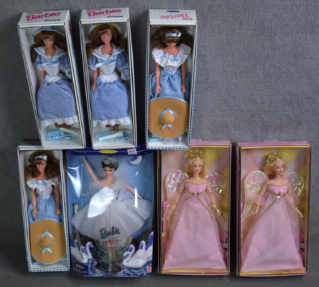 Variety of Barbies: Includes two Little Debbie Series II, two Little Debbie Series III, Swan Lake, and two Caucasian Angelic Harmony. All in good condition with the exception of Swan Lake having a crunched box.