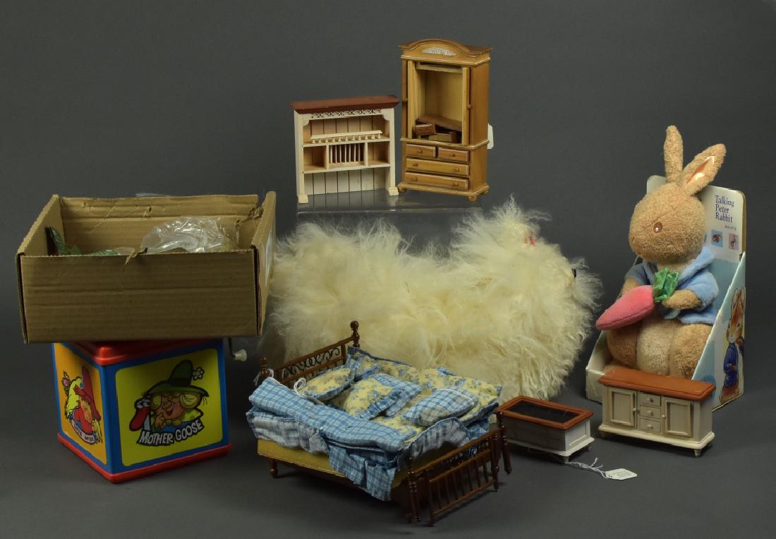 Miniature Dollhouse Furniture, Jack in the Box, +: Includes unopened Vemars gold plated miniatures, loose furniture-some by Concord, large toy dog made with real fur with two broken legs, Mattel Mother Goose Jack-In -The-Box, Peter Rabbit plush. Fair