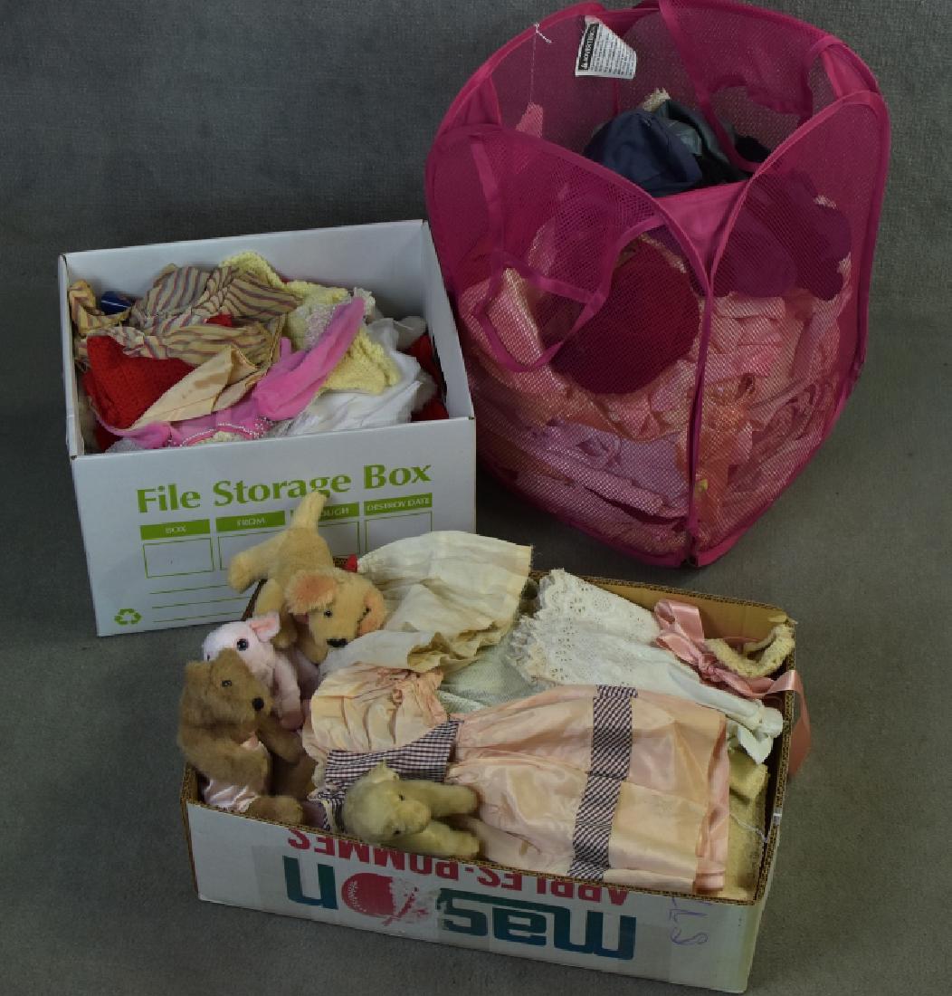 Group of All Eras of Doll Clothing: Including Chatty Cathy clothes, human petticoats for creating items, knit sweater, dresses, and more. Fair to good condition.