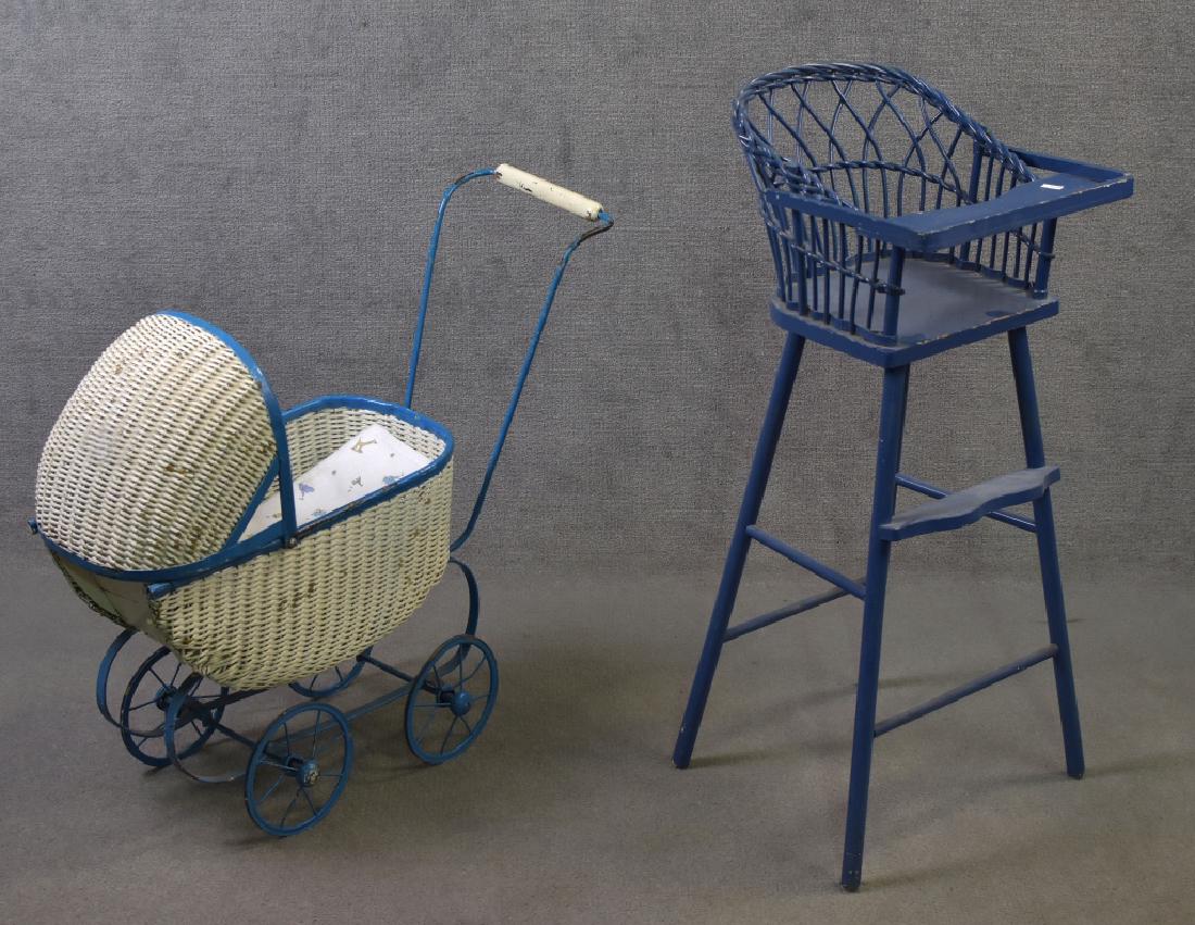 Painted Wicker Buggy and High Chair: Both in good condition with moderate wear. Wicker is on a metal frame and measures 24" x 9" x 22". Chair is blue and measures 11 1/2" x 13" x 29".