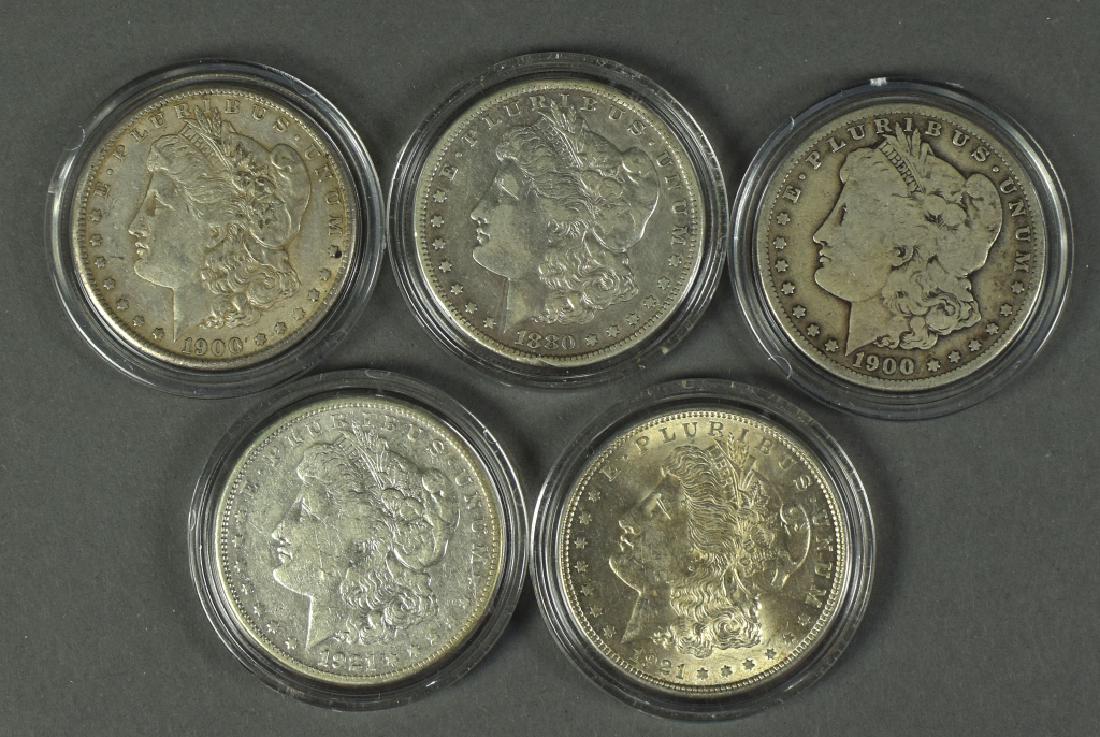 Five Circulated Morgan Dollars Dates include 1880-S9F), (1 of 2)