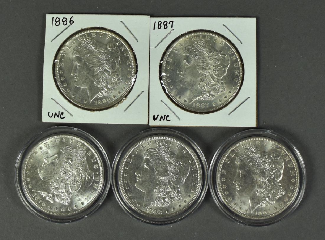 Five Morgan Dollars Dates are 1878-S (UNC), 1886 (UNC), (1 of 2)