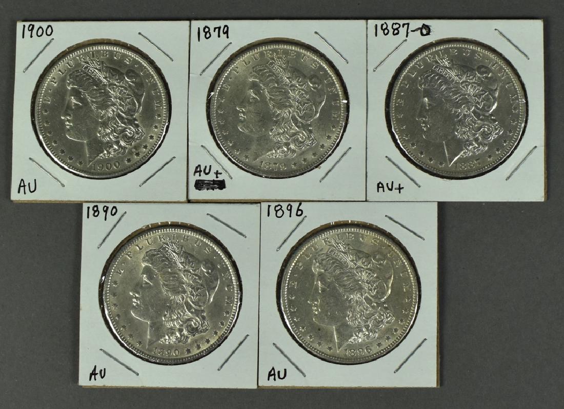 Five Morgan Dollars Grading mostly AU-AU+; dates (1 of 2)