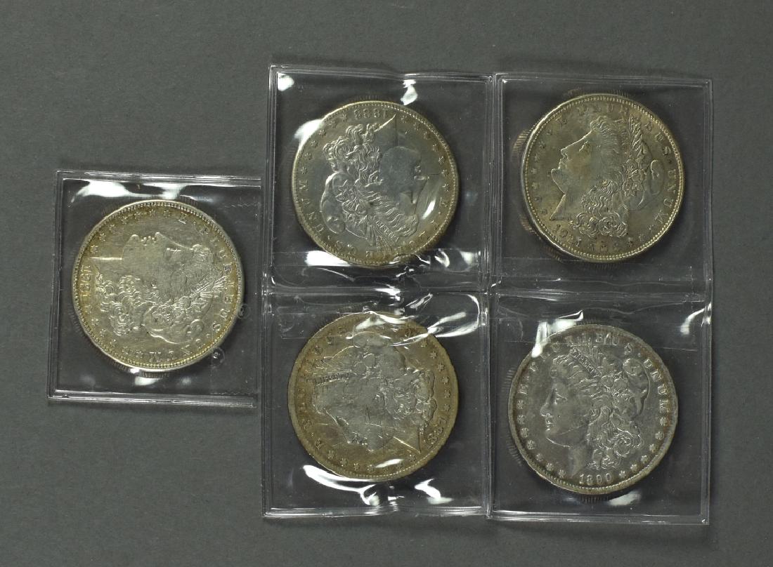 Five Morgan Dollars Dates are 1883-S (XF- cleaned), (1 of 2)