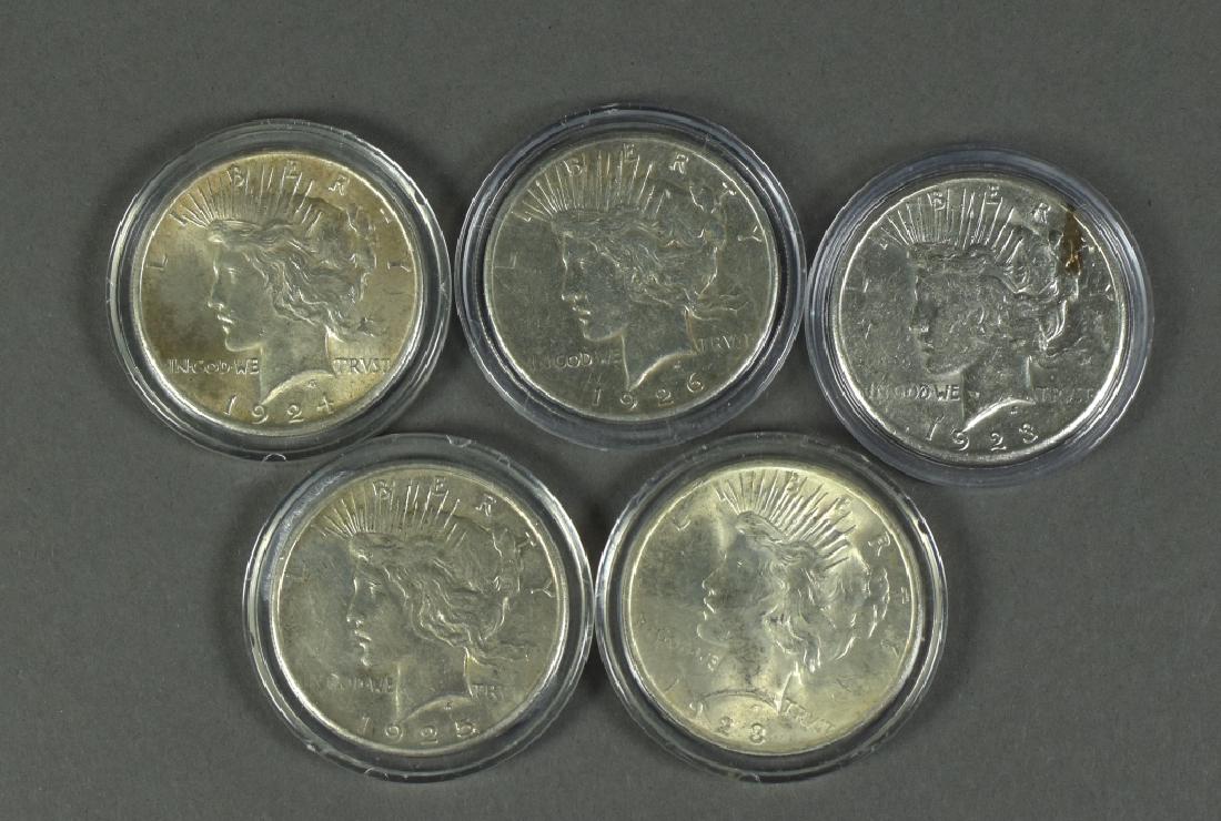 Five Peace Dollars Grading VF-AU Dates include 1923, (1 of 2)